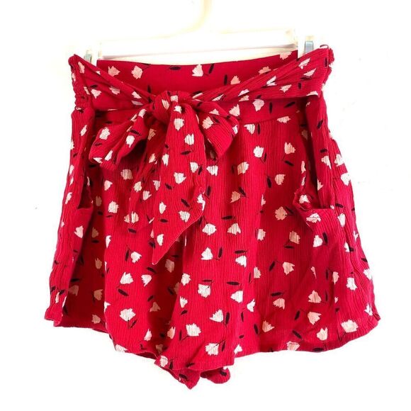 Billabong Women's Red Floral High Waist Paperbag Short Size small Tie Waist Bow - Picture 1 of 9
